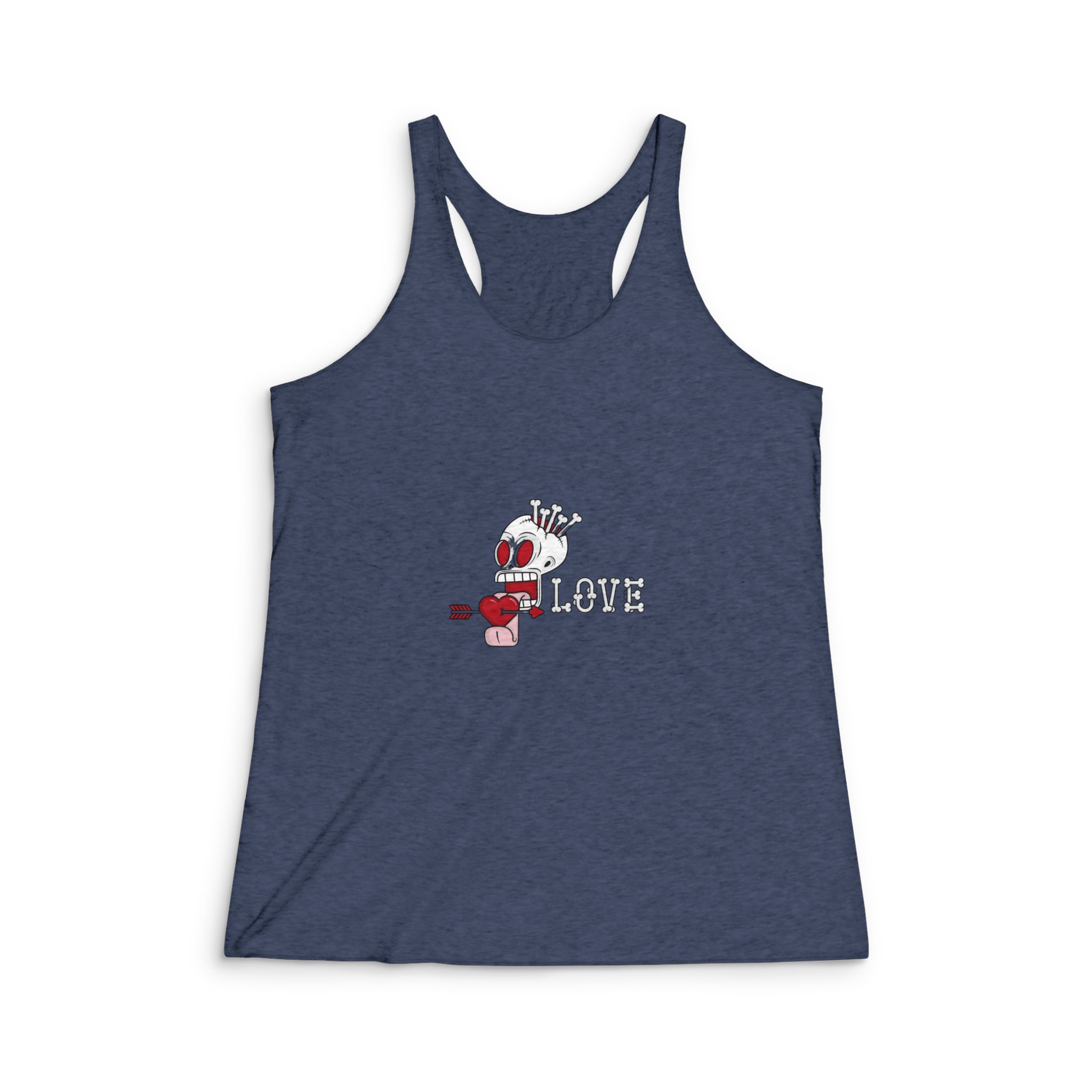 Hollow Skull Filled With Bones That Sticks Out Its Tongue While Licking Heart Womens Tri Blend Racerback Tank - Image 3