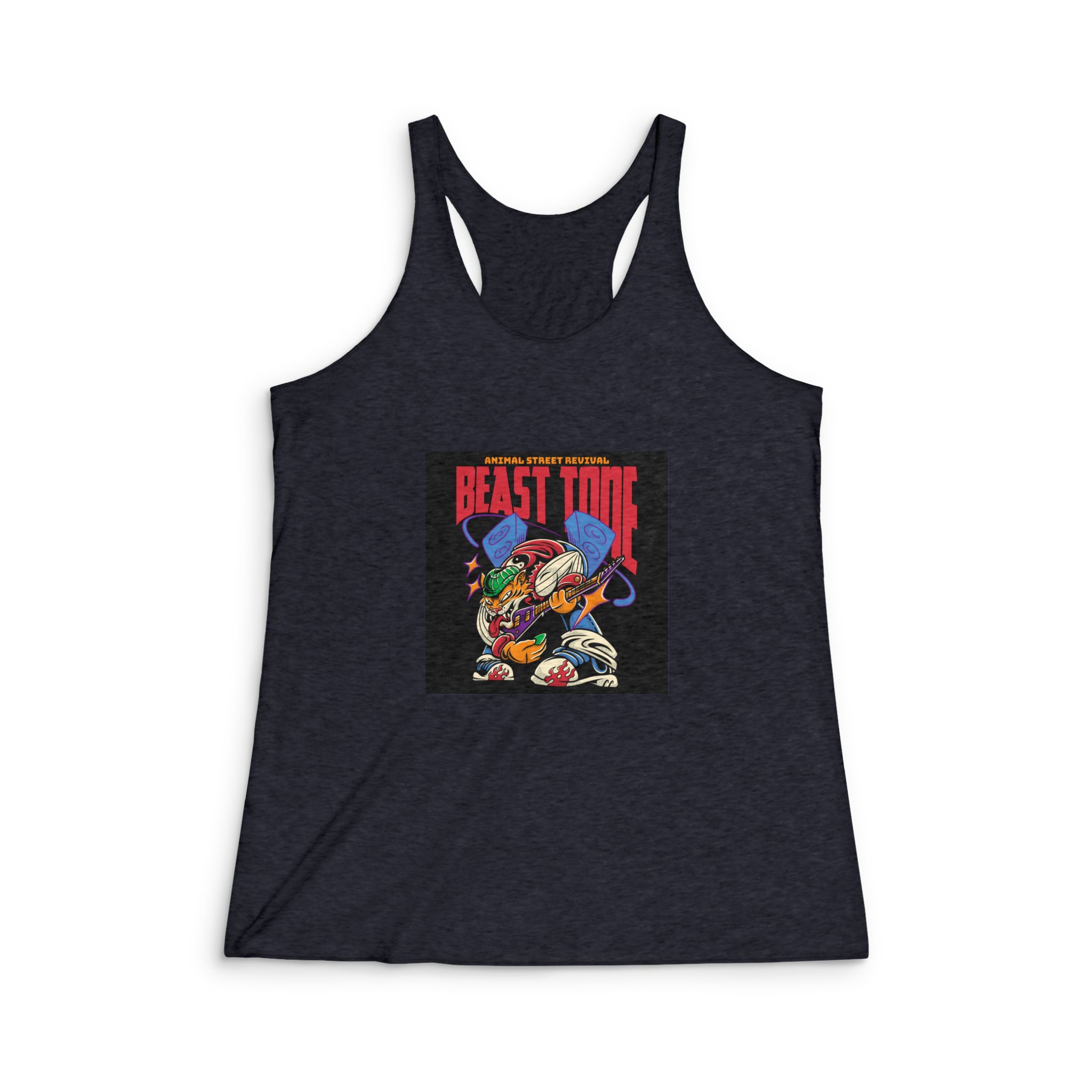 Guitarist Tiger Streetwear Cartoon Illustration Womens Tri Blend Racerback Tank - Image 2