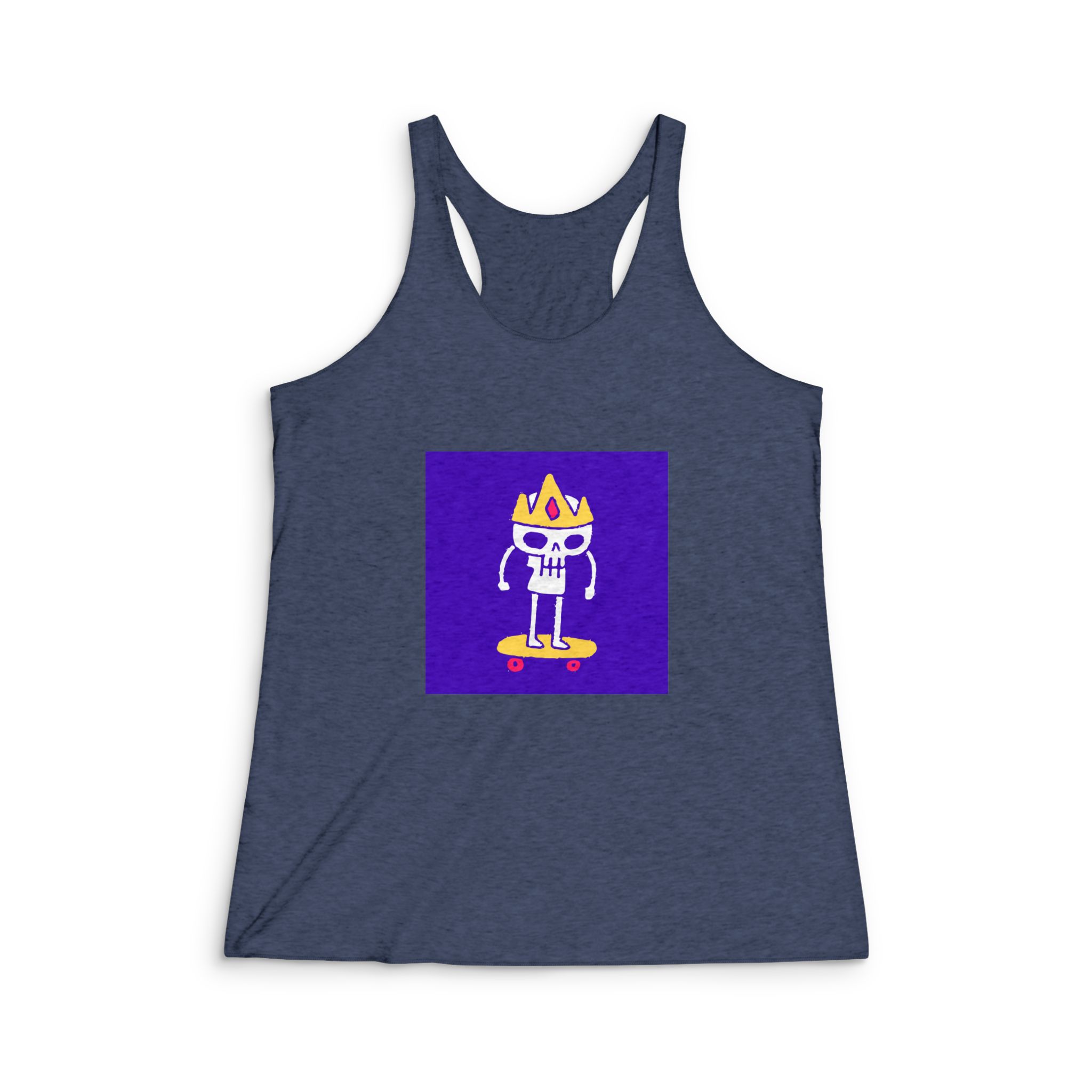 King Skull Riding Skateboard Cartoon Illustration T Shirt Sticker Womens Tri Blend Racerback Tank - Image 3