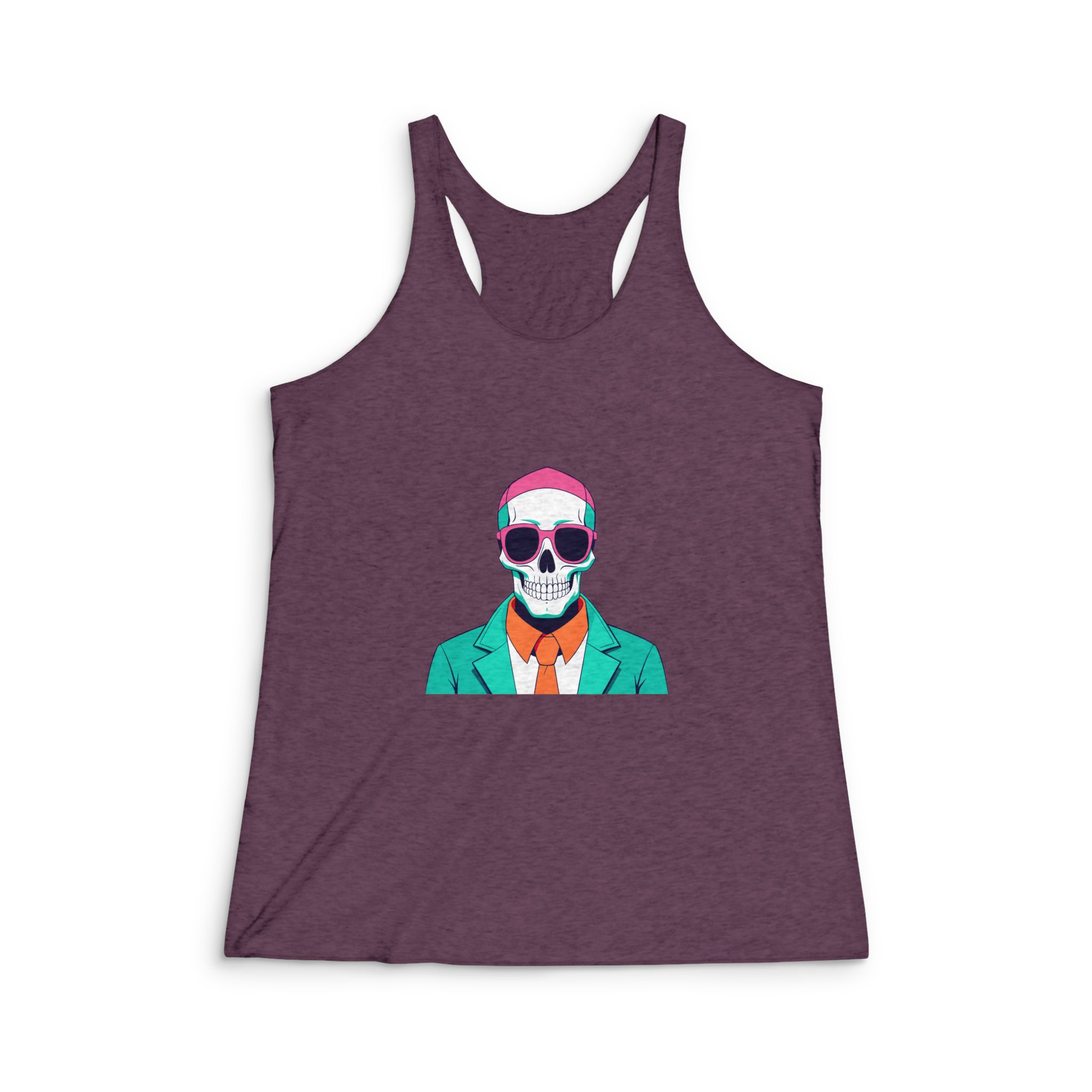 Cartoon Skull Wearing Sunglasses Suit Tie Pink Background Womens Tri Blend Racerback Tank - Image 5