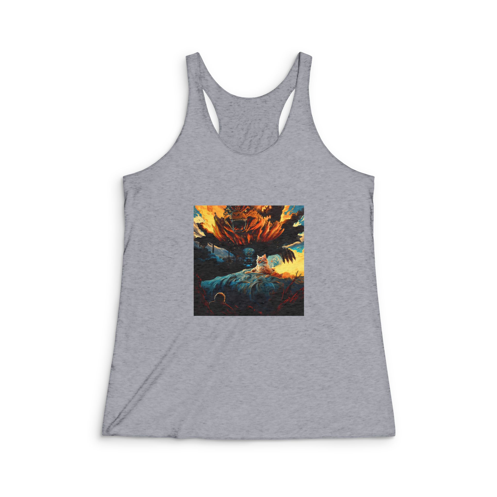 Hay Gato Sentado Cama Monstruo Gigante Fondo Generativo Ai Womens Tri Blend Racerback Tank - Image 4