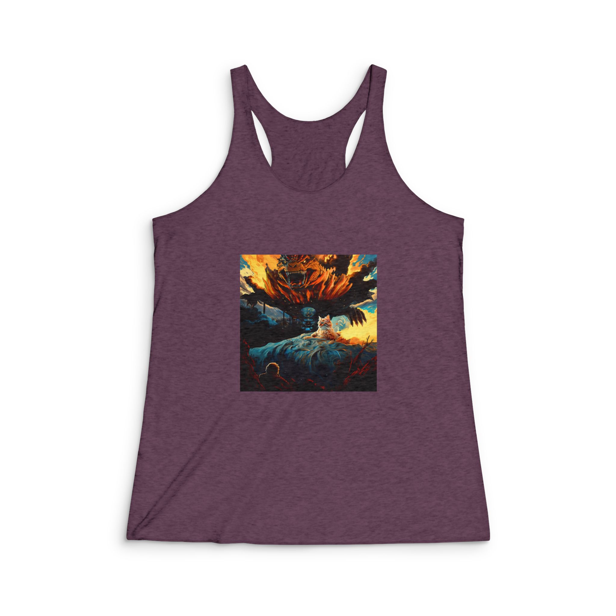 Hay Gato Sentado Cama Monstruo Gigante Fondo Generativo Ai Womens Tri Blend Racerback Tank - Image 5