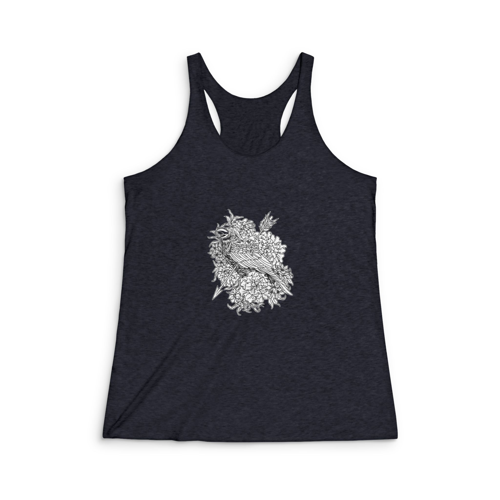 Grace Raven Black White Illustration Womens Tri Blend Racerback Tank - Image 2