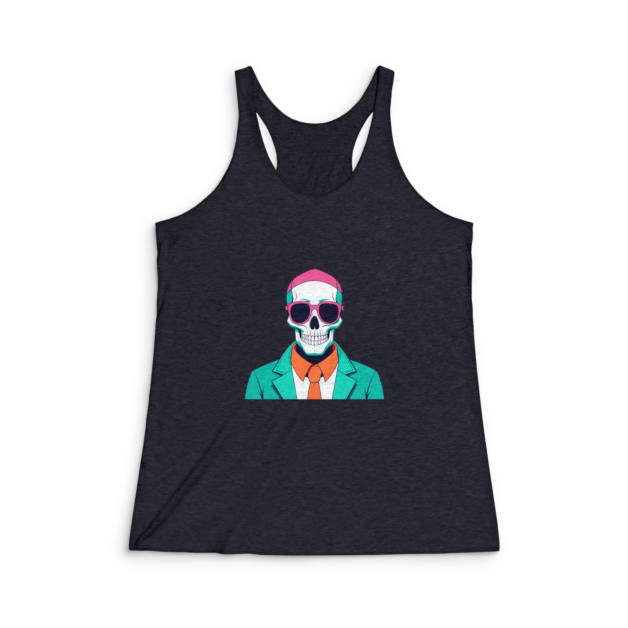 Cartoon Skull Wearing Sunglasses Suit Tie Pink Background Womens Tri Blend Racerback Tank - Image 2