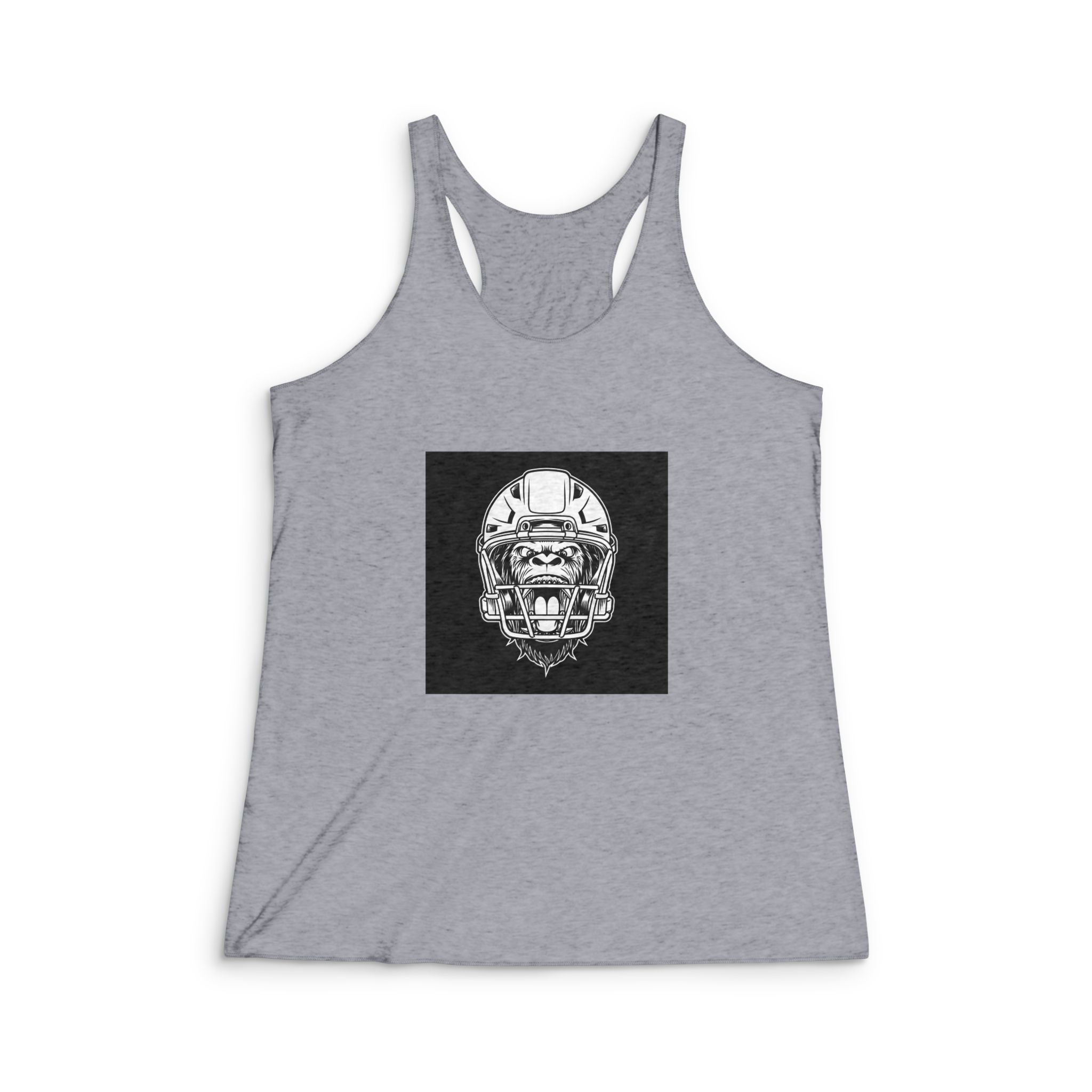 Gorilla Head Mascot With American Football Helmet Black White Illustration Womens Tri Blend Racerback Tank - Image 4