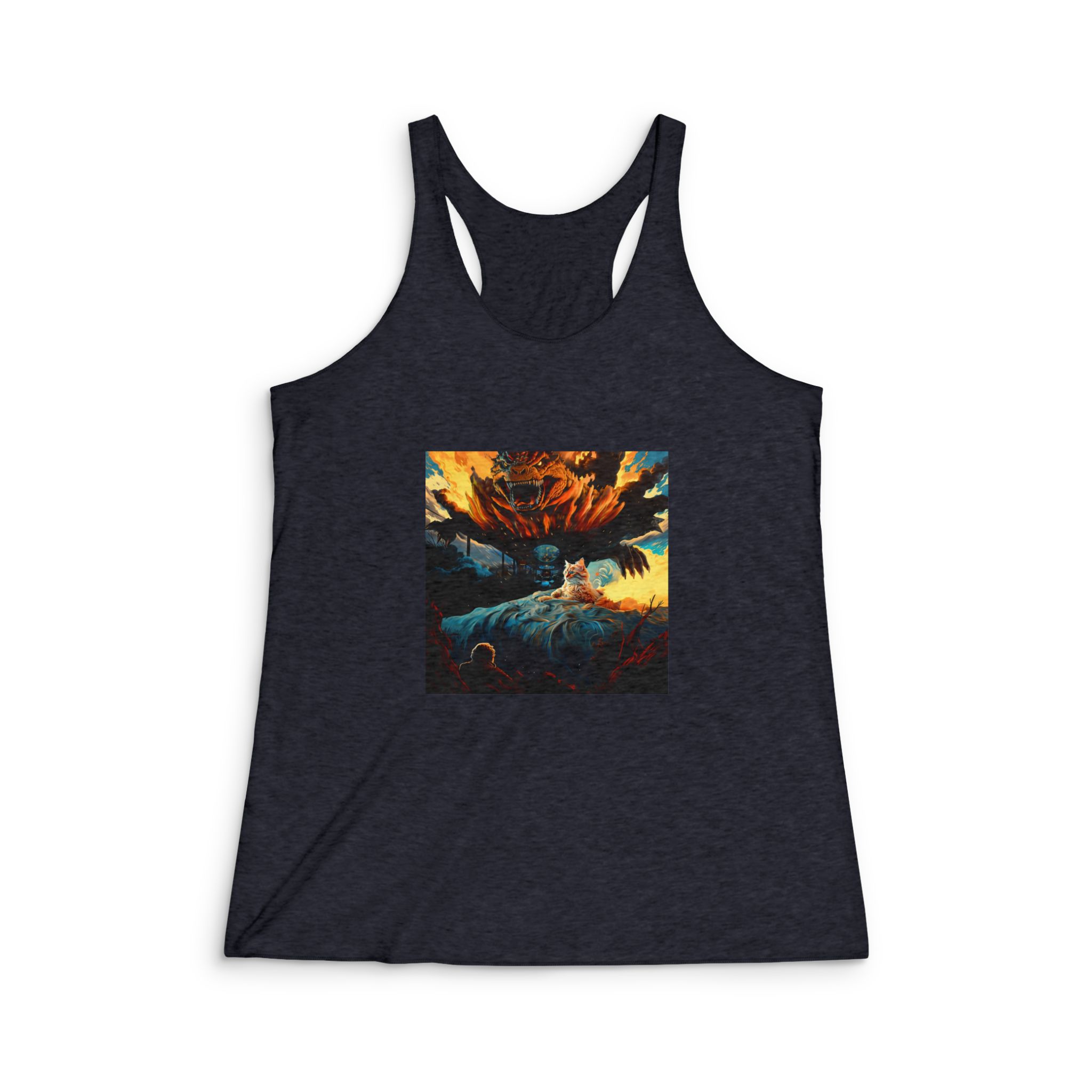 Hay Gato Sentado Cama Monstruo Gigante Fondo Generativo Ai Womens Tri Blend Racerback Tank - Image 2