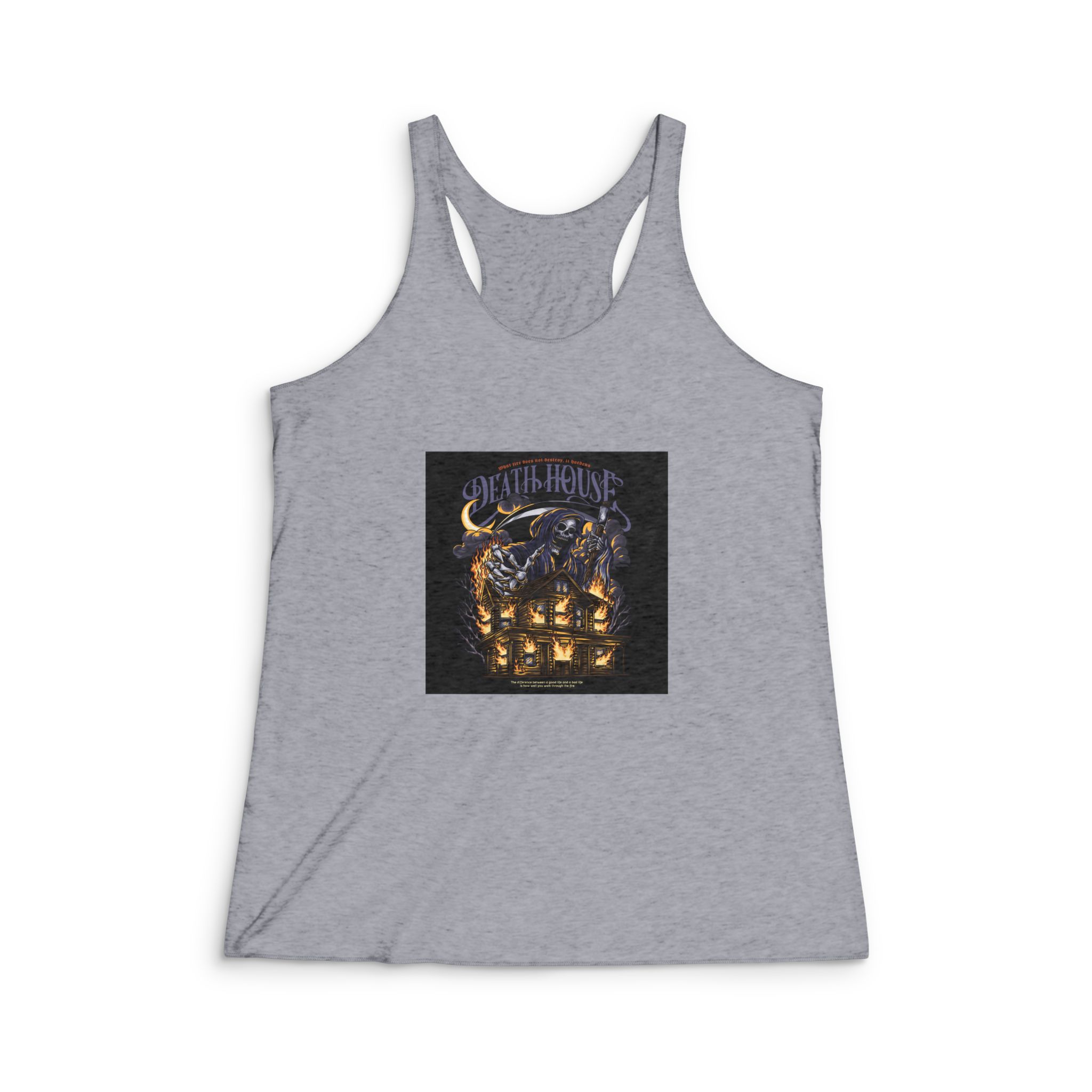 Grim Reaper Death House With Text Illustration Womens Tri Blend Racerback Tank - Image 4