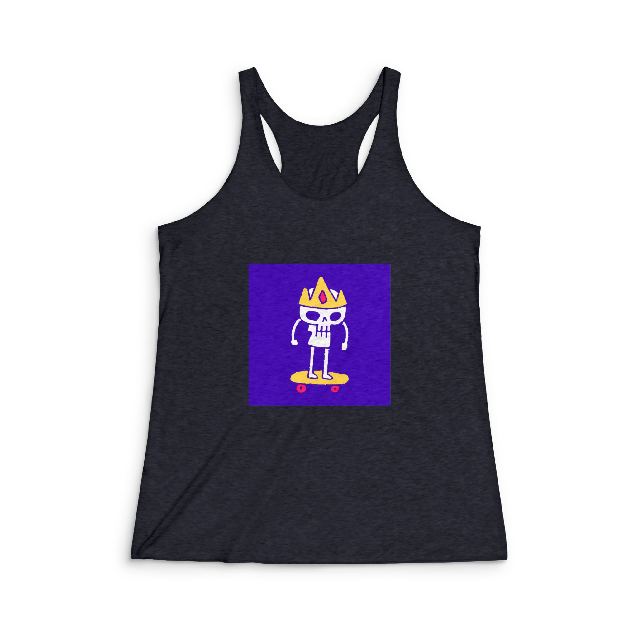 King Skull Riding Skateboard Cartoon Illustration T Shirt Sticker Womens Tri Blend Racerback Tank - Image 2