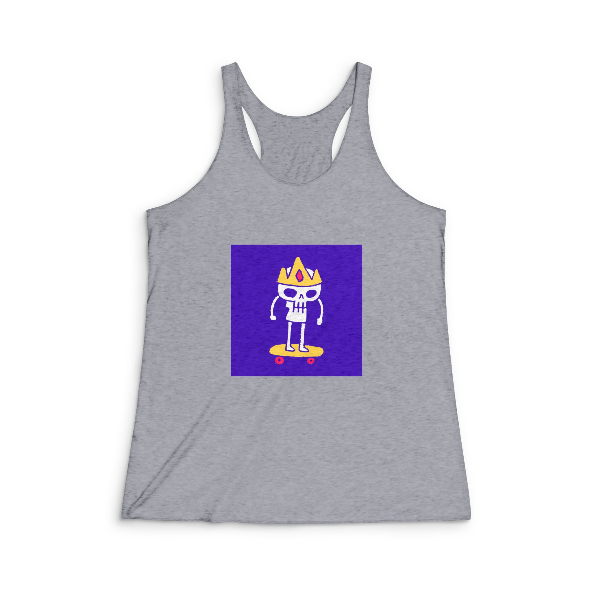 King Skull Riding Skateboard Cartoon Illustration T Shirt Sticker Womens Tri Blend Racerback Tank - Image 4