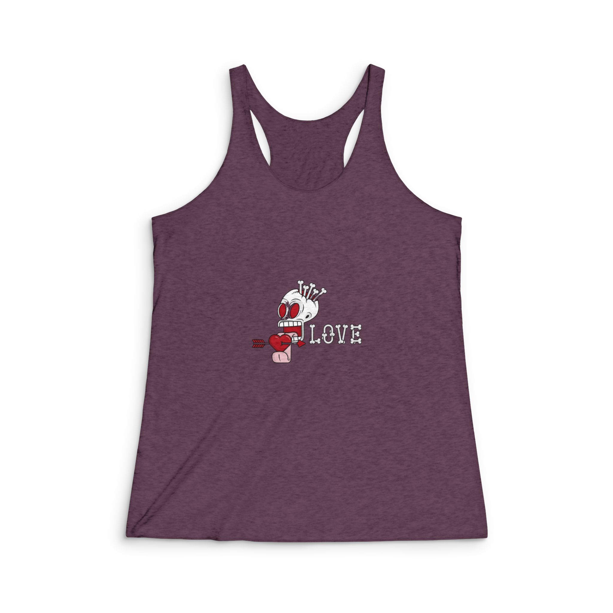 Hollow Skull Filled With Bones That Sticks Out Its Tongue While Licking Heart Womens Tri Blend Racerback Tank - Image 5