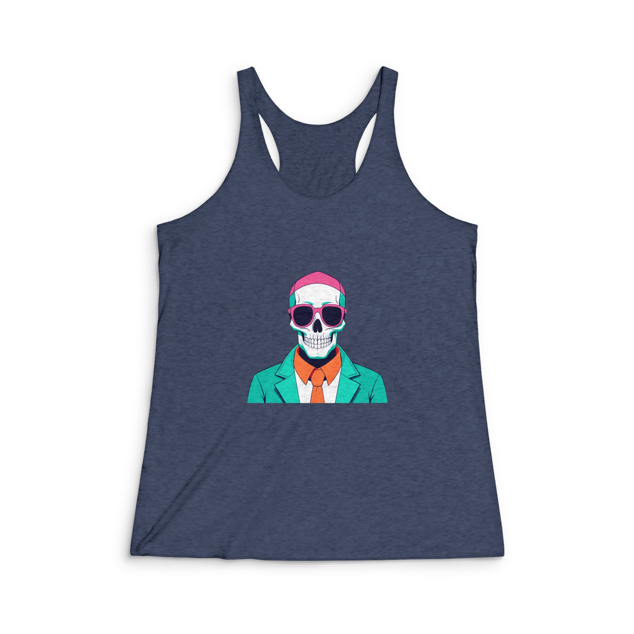 Cartoon Skull Wearing Sunglasses Suit Tie Pink Background Womens Tri Blend Racerback Tank - Image 3