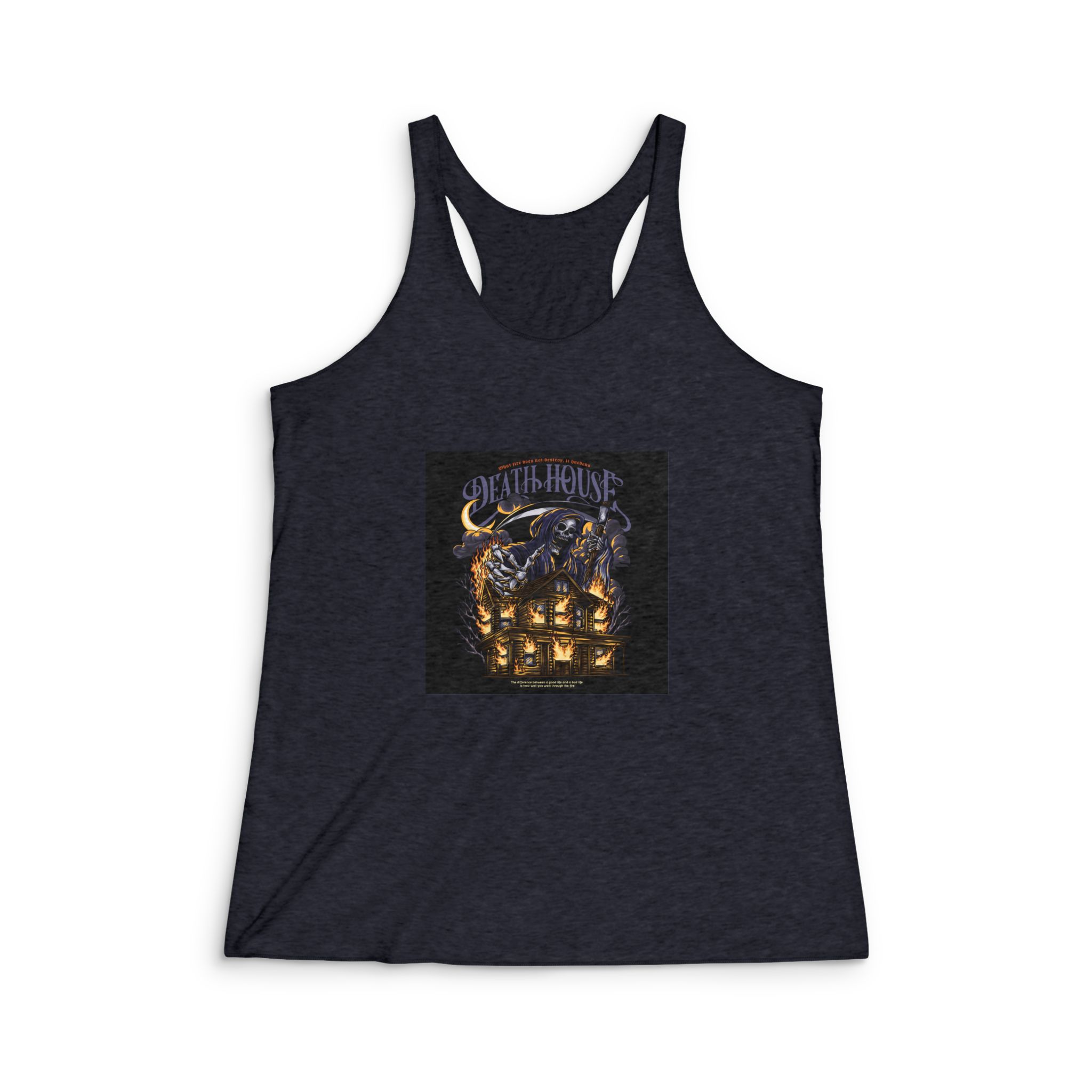 Grim Reaper Death House With Text Illustration Womens Tri Blend Racerback Tank - Image 2