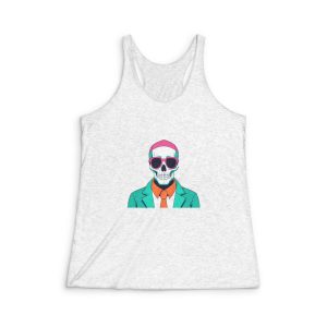 Cartoon Skull Wearing Sunglasses Suit Tie Pink Background Womens Tri Blend Racerback Tank