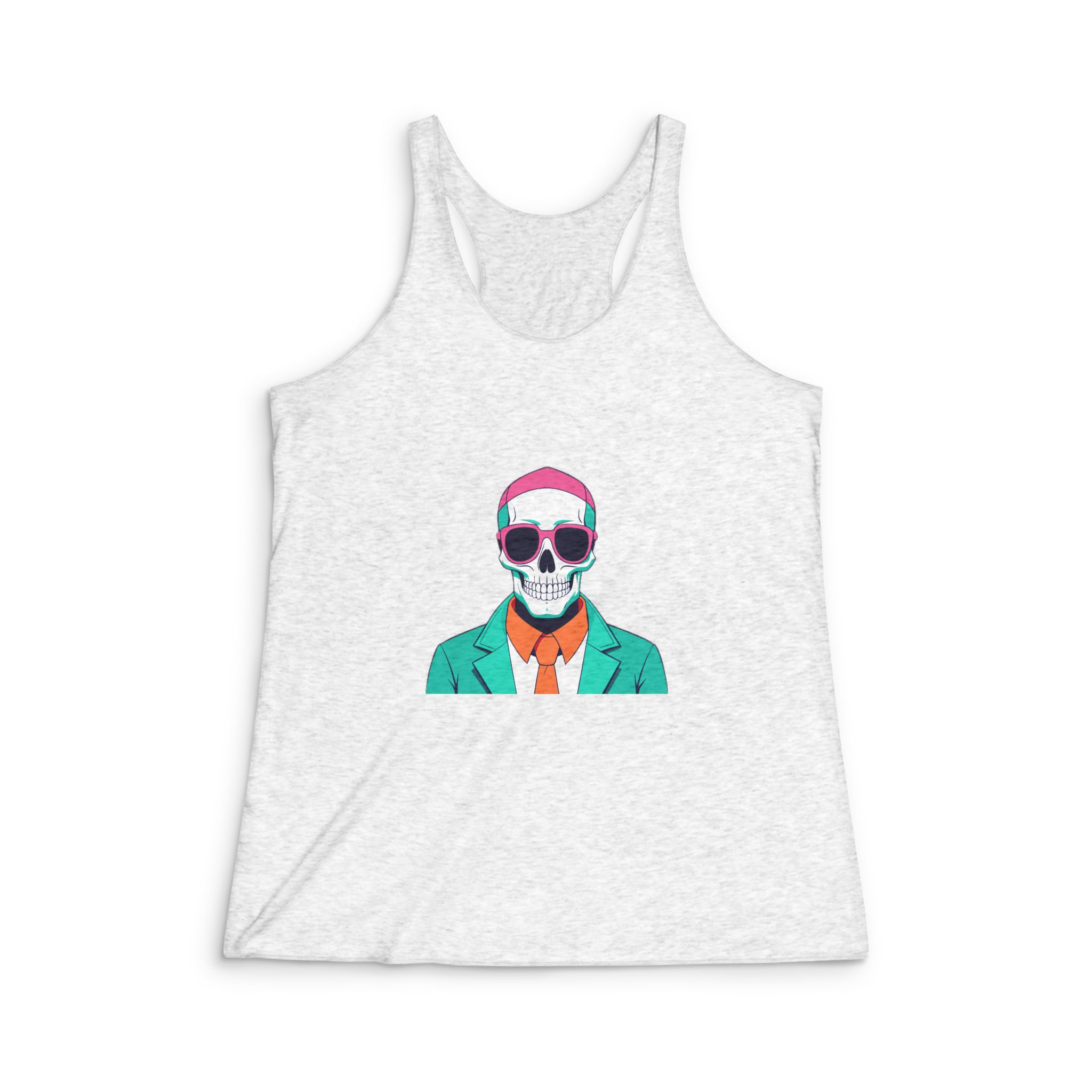 Cartoon Skull Wearing Sunglasses Suit Tie Pink Background Womens Tri Blend Racerback Tank