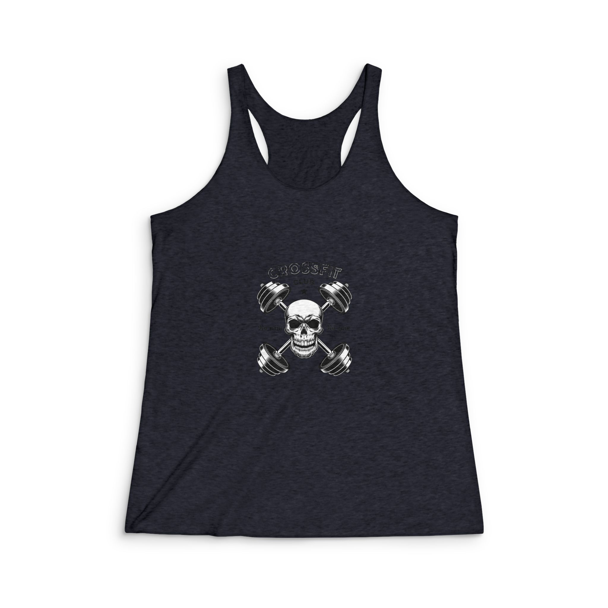 Hard Athletic Gym Crossfit Vintage Emblem Bodybuilder Skull With Barbells Womens Tri Blend Racerback Tank - Image 2