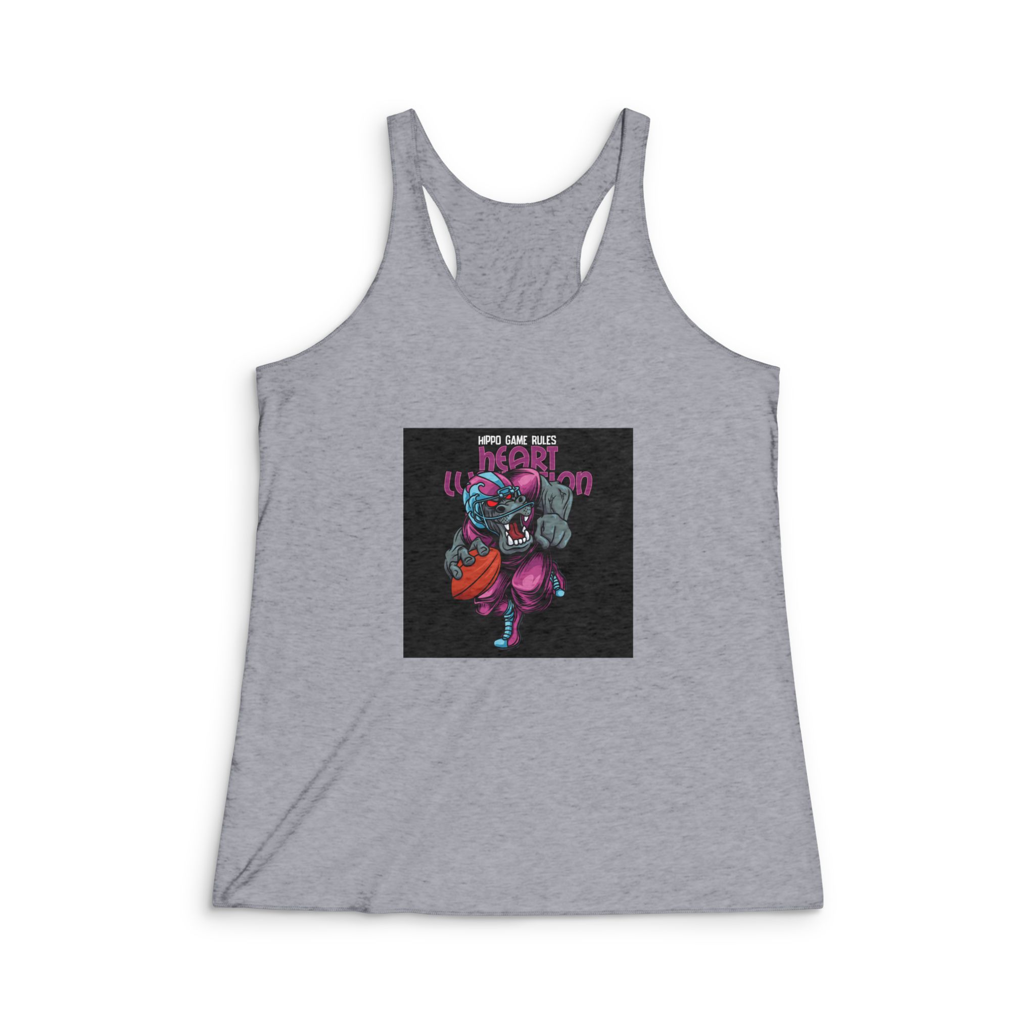 Hippo Mascot American Football With Text Illustration Womens Tri Blend Racerback Tank - Image 4