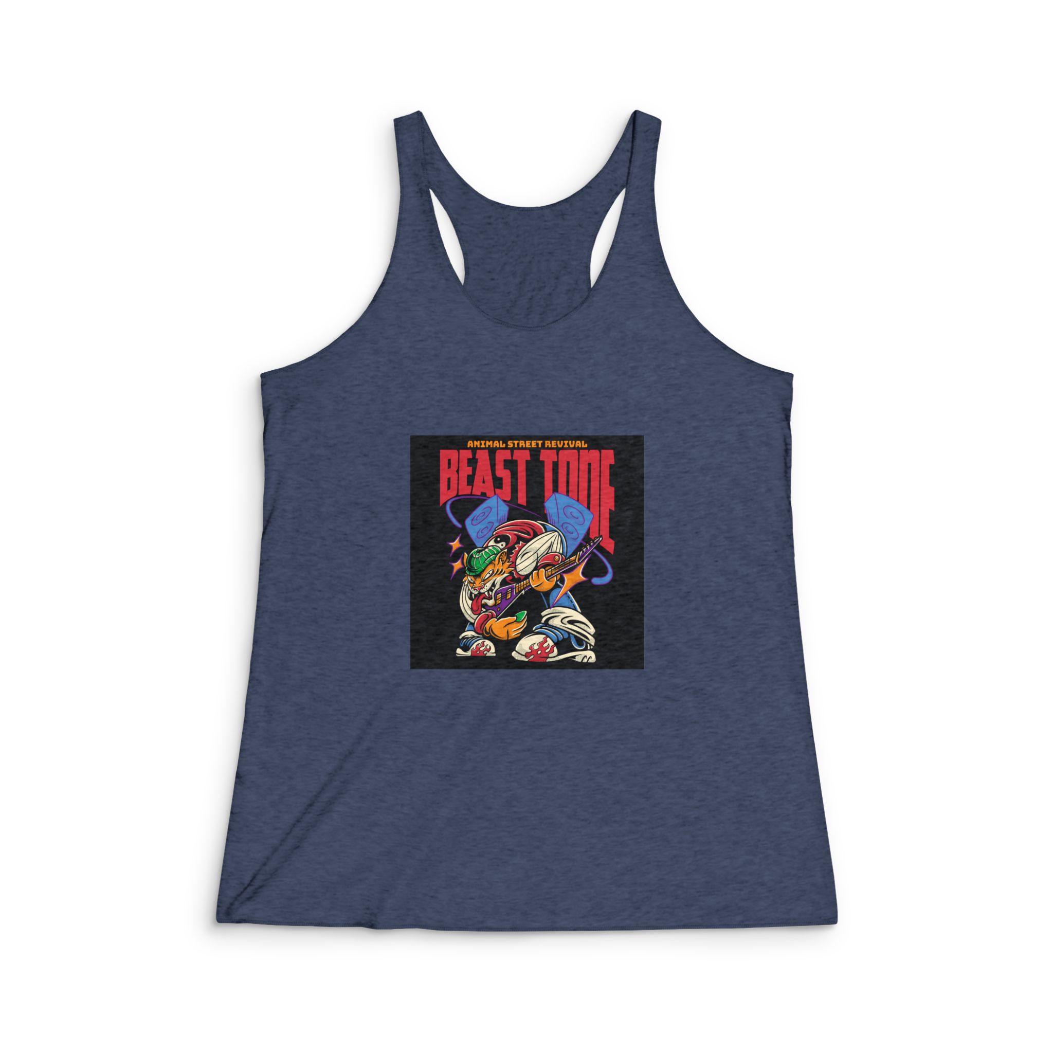 Guitarist Tiger Streetwear Cartoon Illustration Womens Tri Blend Racerback Tank - Image 3