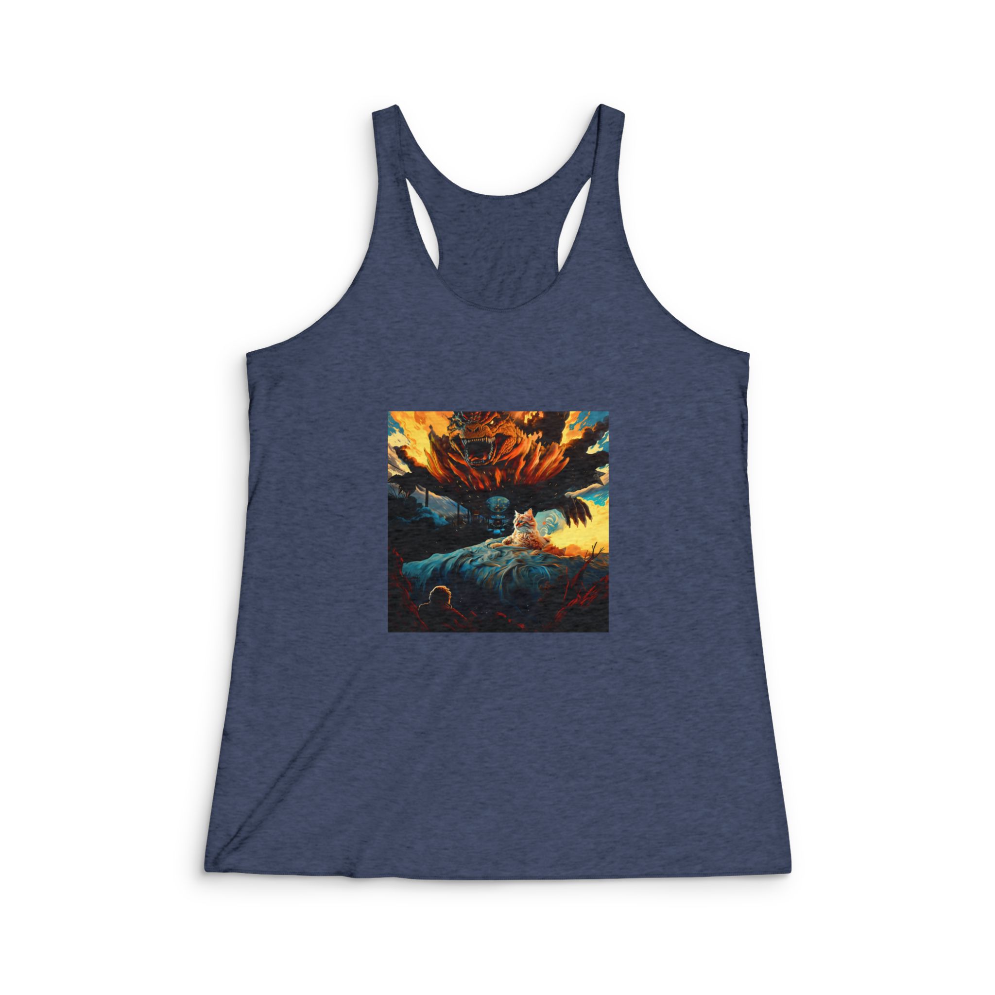 Hay Gato Sentado Cama Monstruo Gigante Fondo Generativo Ai Womens Tri Blend Racerback Tank - Image 3