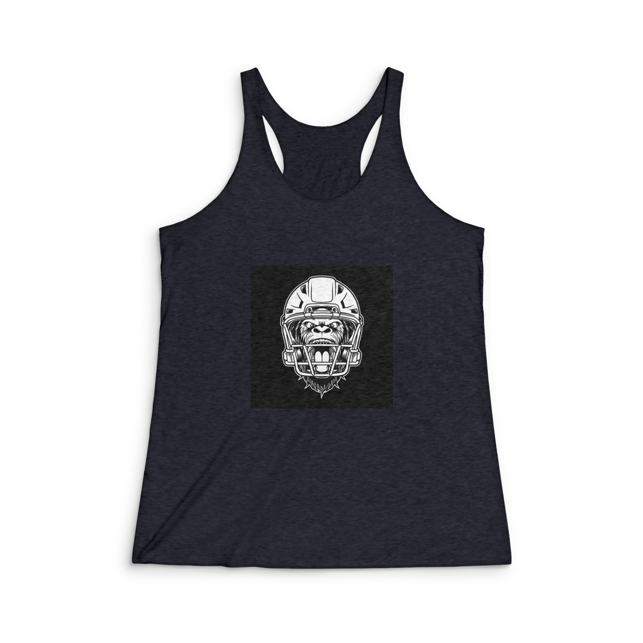 Gorilla Head Mascot With American Football Helmet Black White Illustration Womens Tri Blend Racerback Tank - Image 2