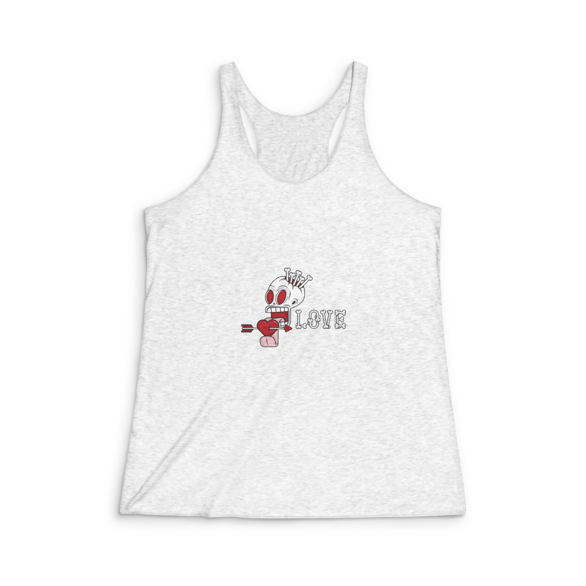 Hollow Skull Filled With Bones That Sticks Out Its Tongue While Licking Heart Womens Tri Blend Racerback Tank