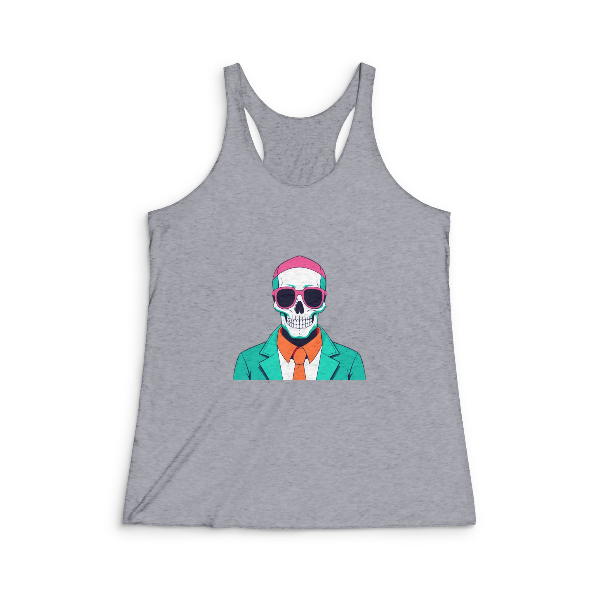 Cartoon Skull Wearing Sunglasses Suit Tie Pink Background Womens Tri Blend Racerback Tank - Image 4