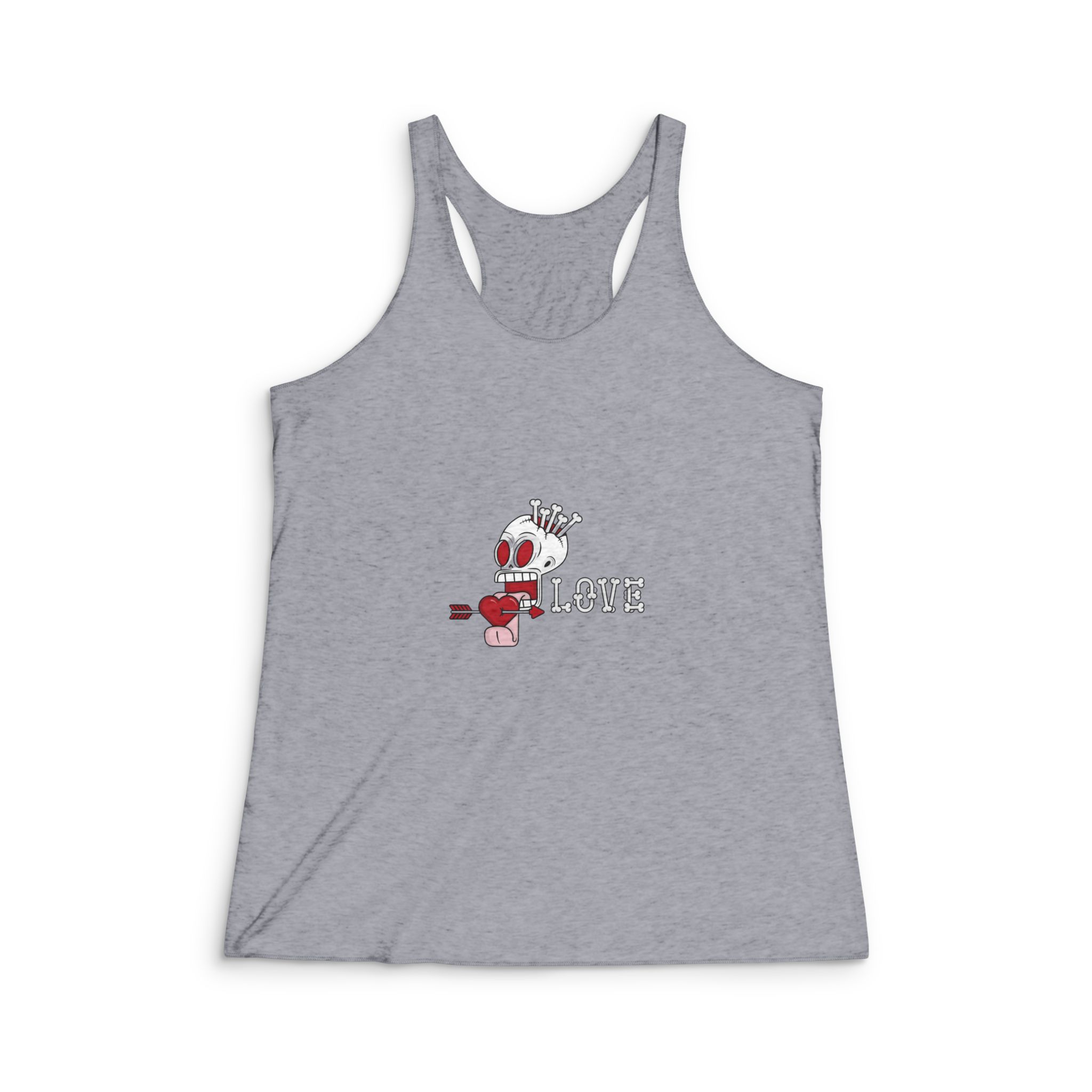 Hollow Skull Filled With Bones That Sticks Out Its Tongue While Licking Heart Womens Tri Blend Racerback Tank - Image 4