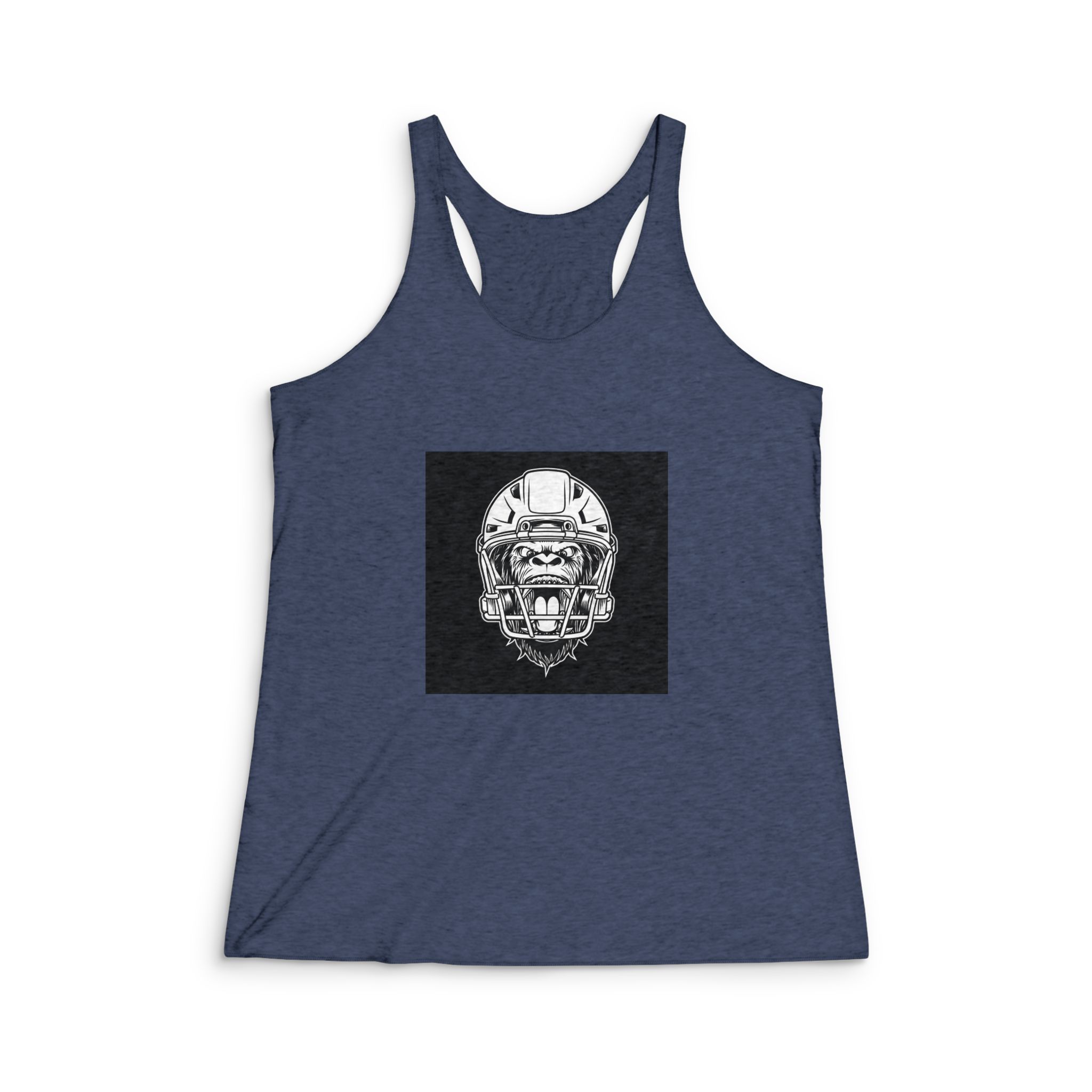 Gorilla Head Mascot With American Football Helmet Black White Illustration Womens Tri Blend Racerback Tank - Image 3