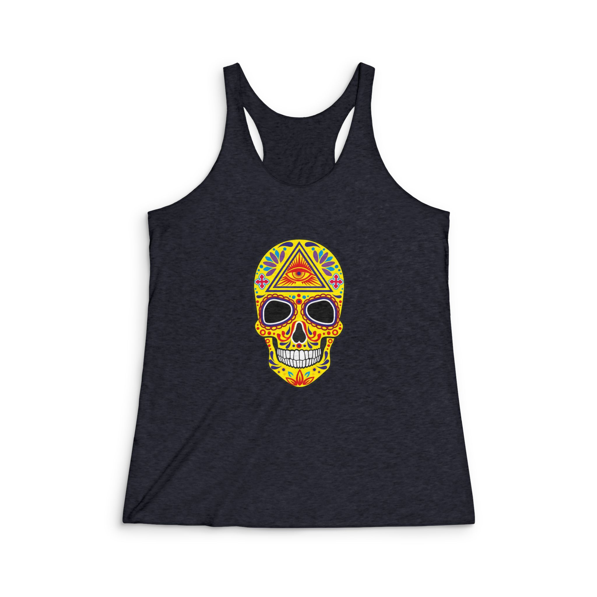Holy Death Day Dead Mexican Sugar Skull Grunge Vintage Design T Shirts (1) Womens Tri Blend Racerback Tank - Image 2