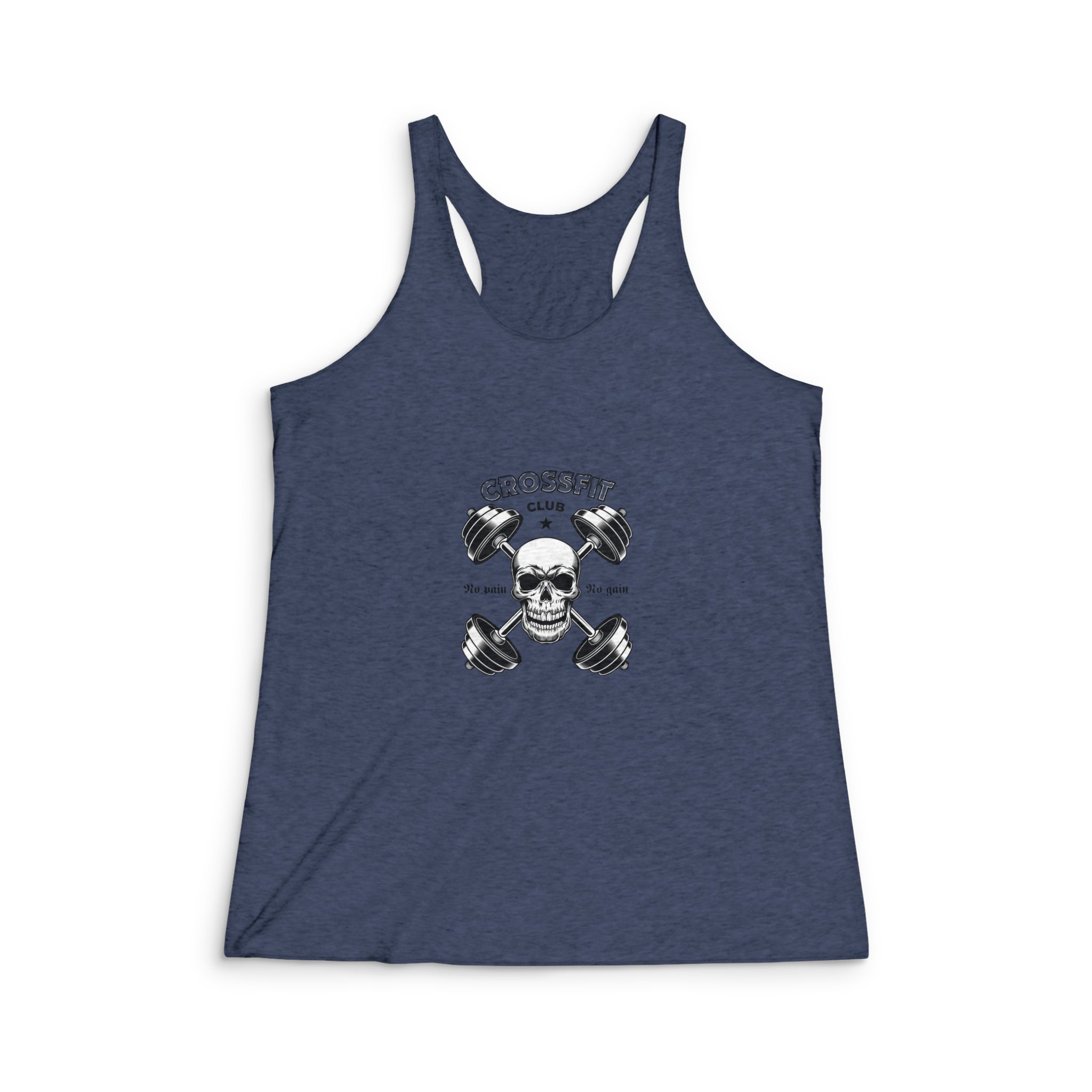 Hard Athletic Gym Crossfit Vintage Emblem Bodybuilder Skull With Barbells Womens Tri Blend Racerback Tank - Image 3