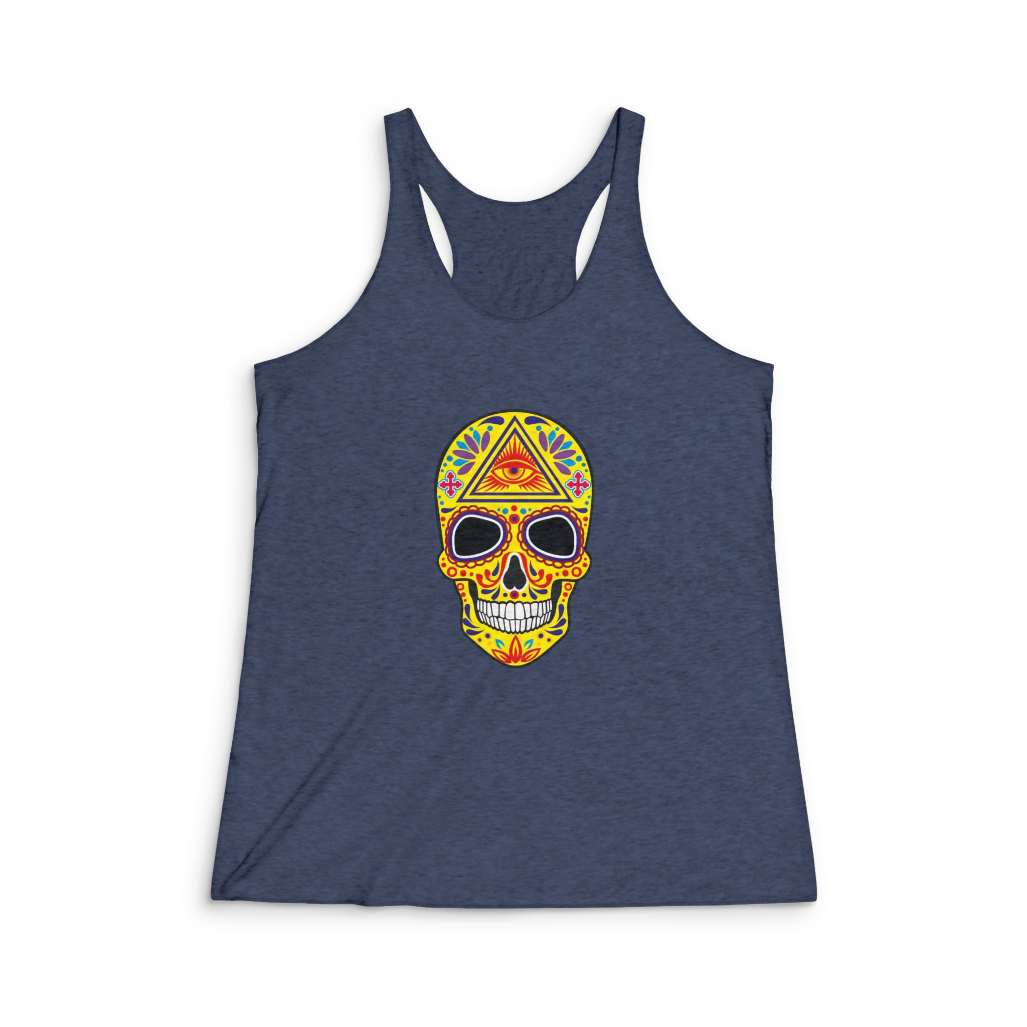Holy Death Day Dead Mexican Sugar Skull Grunge Vintage Design T Shirts (1) Womens Tri Blend Racerback Tank - Image 3