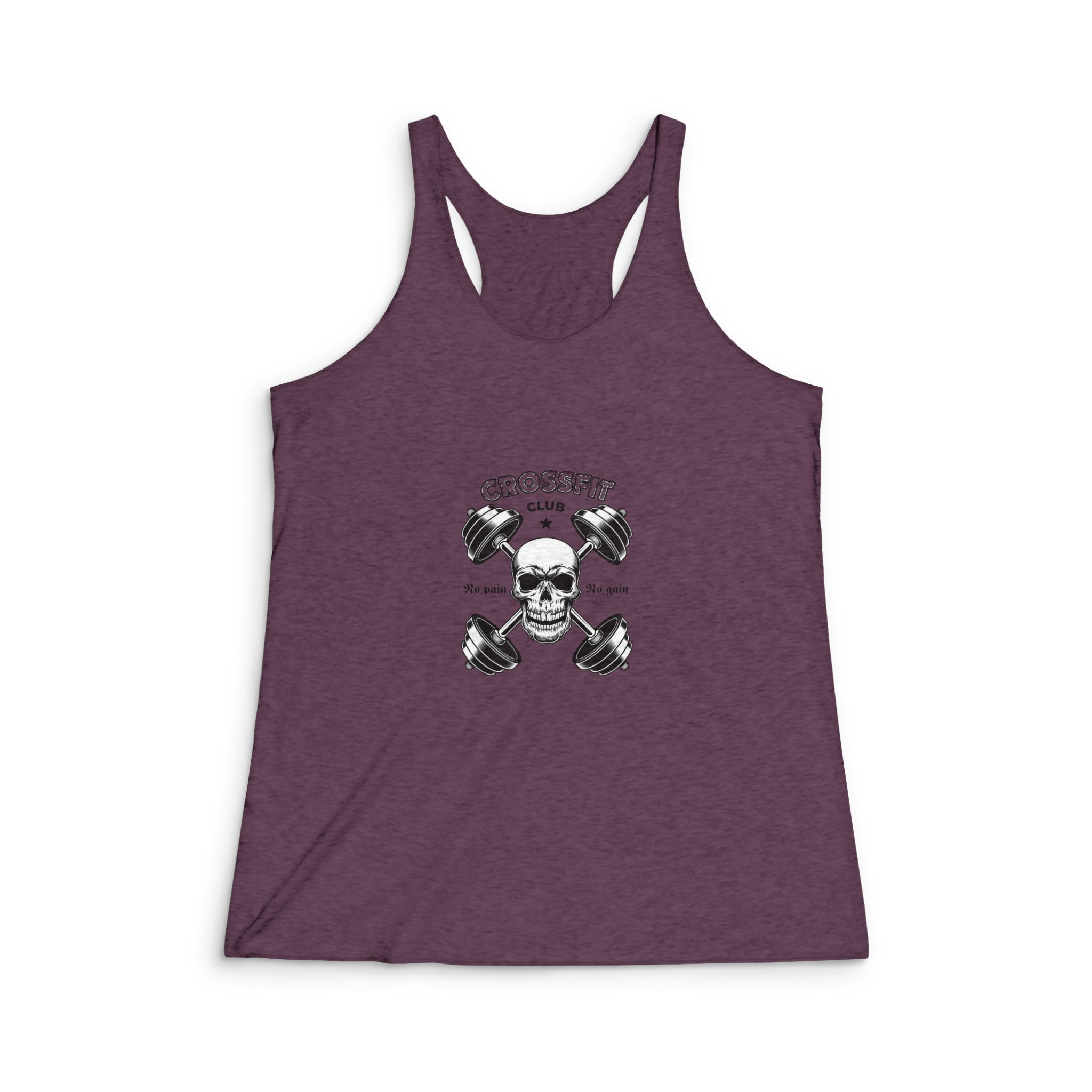 Hard Athletic Gym Crossfit Vintage Emblem Bodybuilder Skull With Barbells Womens Tri Blend Racerback Tank - Image 5