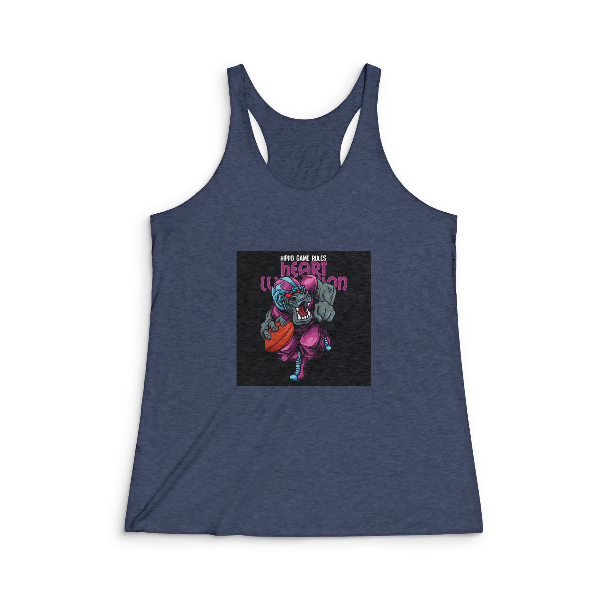 Hippo Mascot American Football With Text Illustration Womens Tri Blend Racerback Tank - Image 3