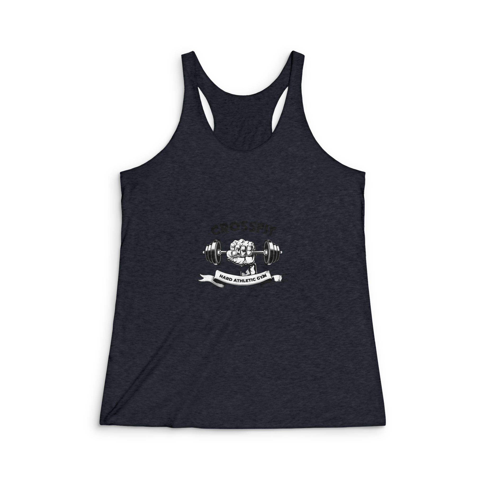 Hard Athletic Fitness Club Gym Vintage Emblem Bodybuilder Arm With Barbell Womens Tri Blend Racerback Tank - Image 2