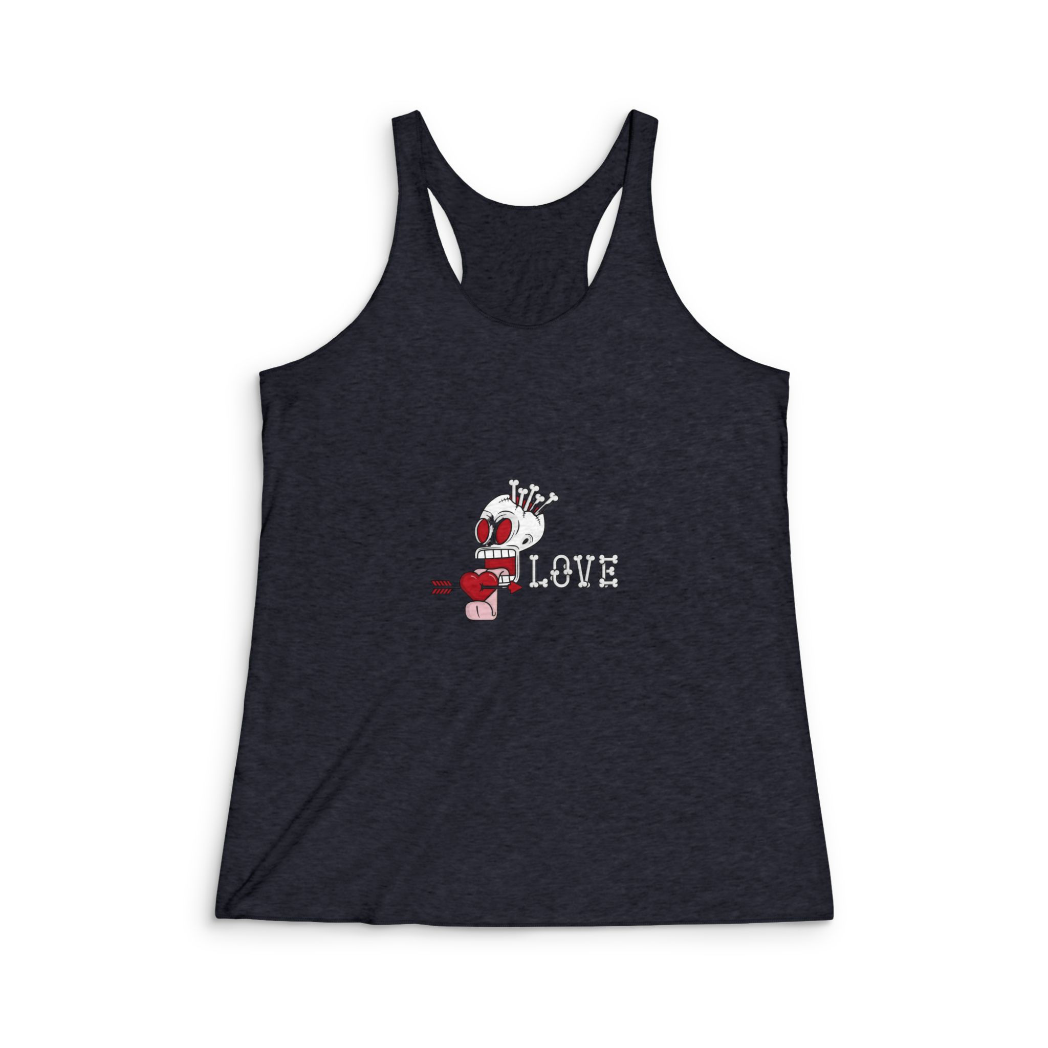 Hollow Skull Filled With Bones That Sticks Out Its Tongue While Licking Heart Womens Tri Blend Racerback Tank - Image 2