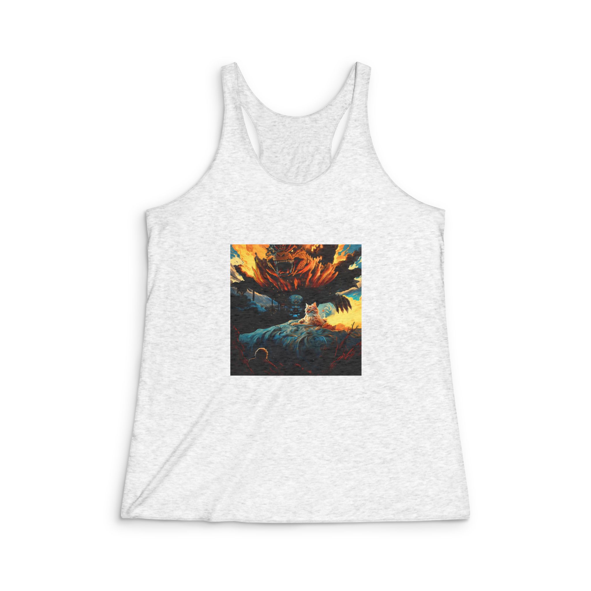 Hay Gato Sentado Cama Monstruo Gigante Fondo Generativo Ai Womens Tri Blend Racerback Tank
