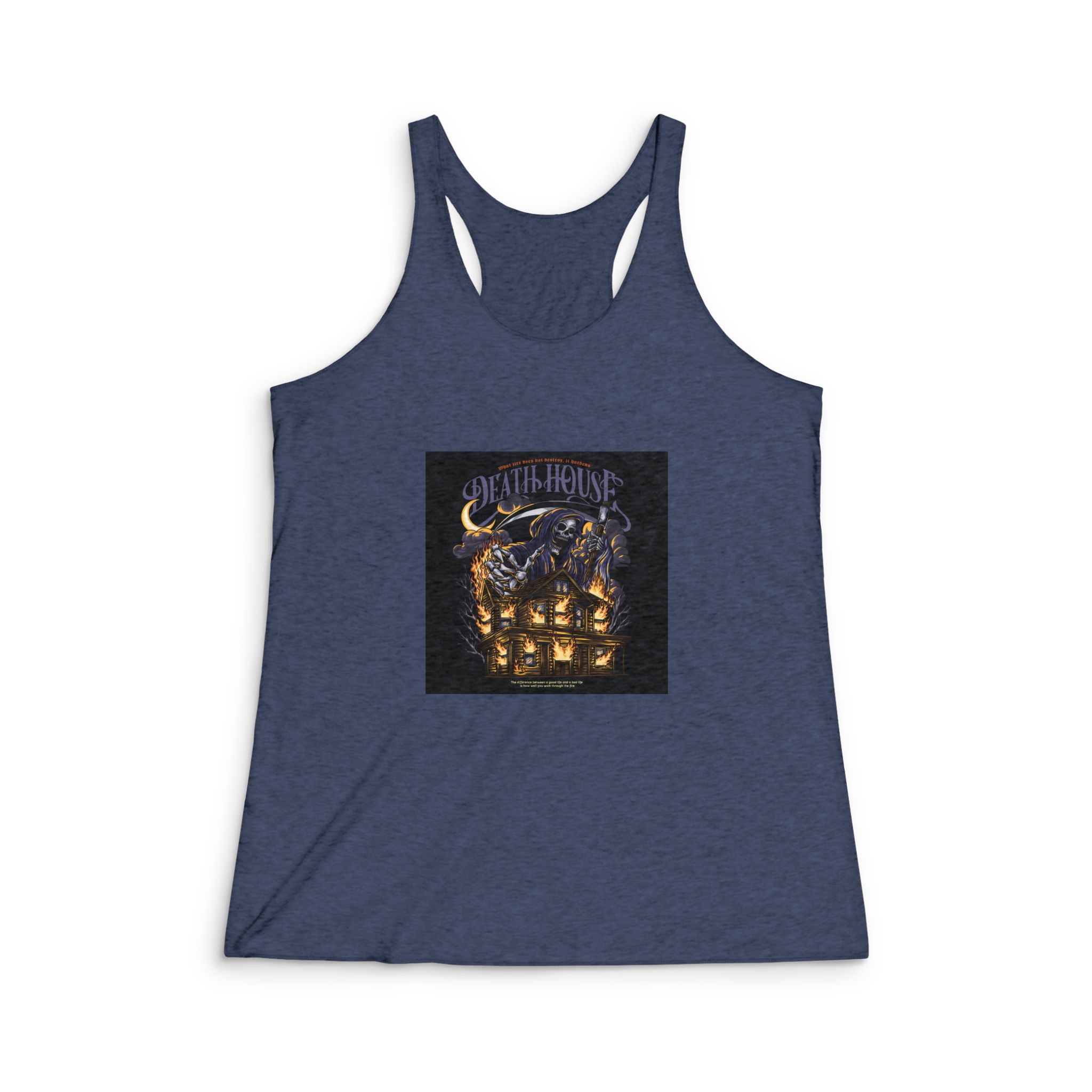 Grim Reaper Death House With Text Illustration Womens Tri Blend Racerback Tank - Image 3