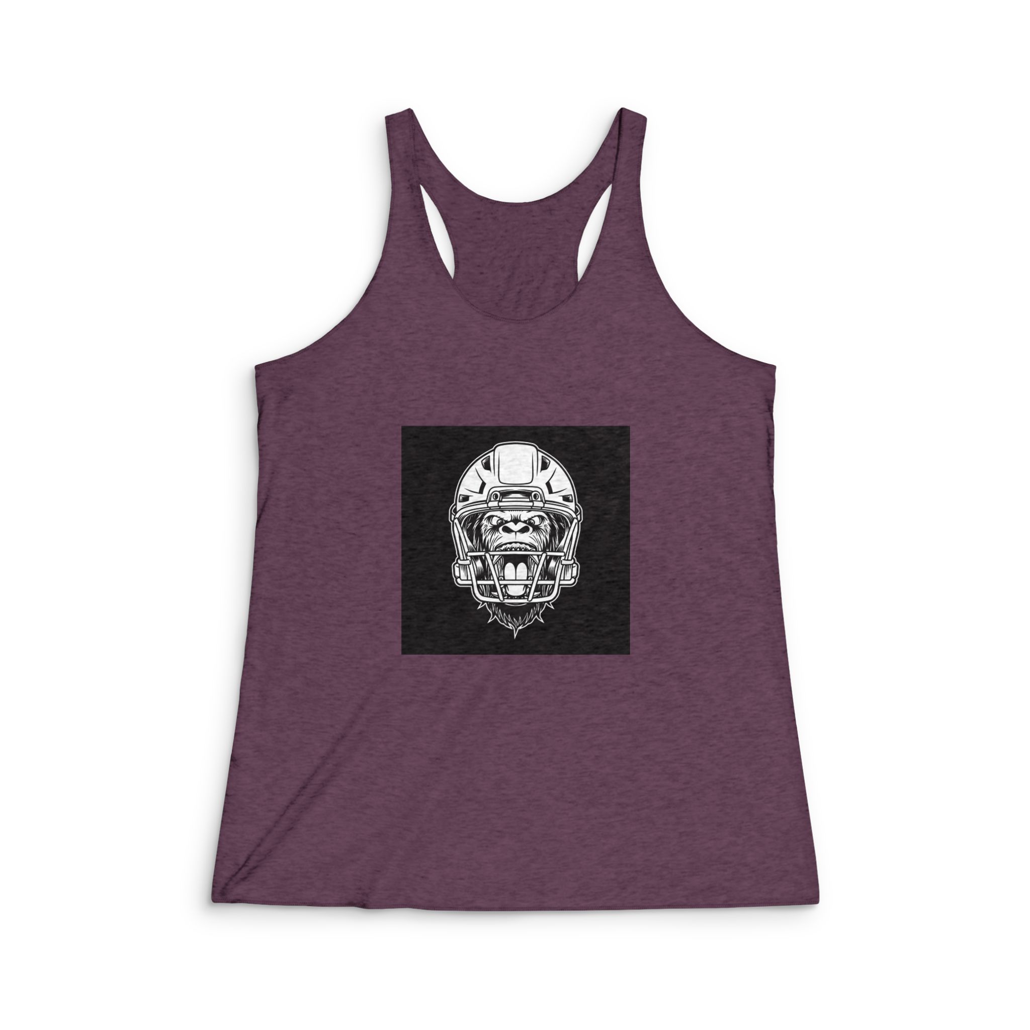 Gorilla Head Mascot With American Football Helmet Black White Illustration Womens Tri Blend Racerback Tank - Image 5