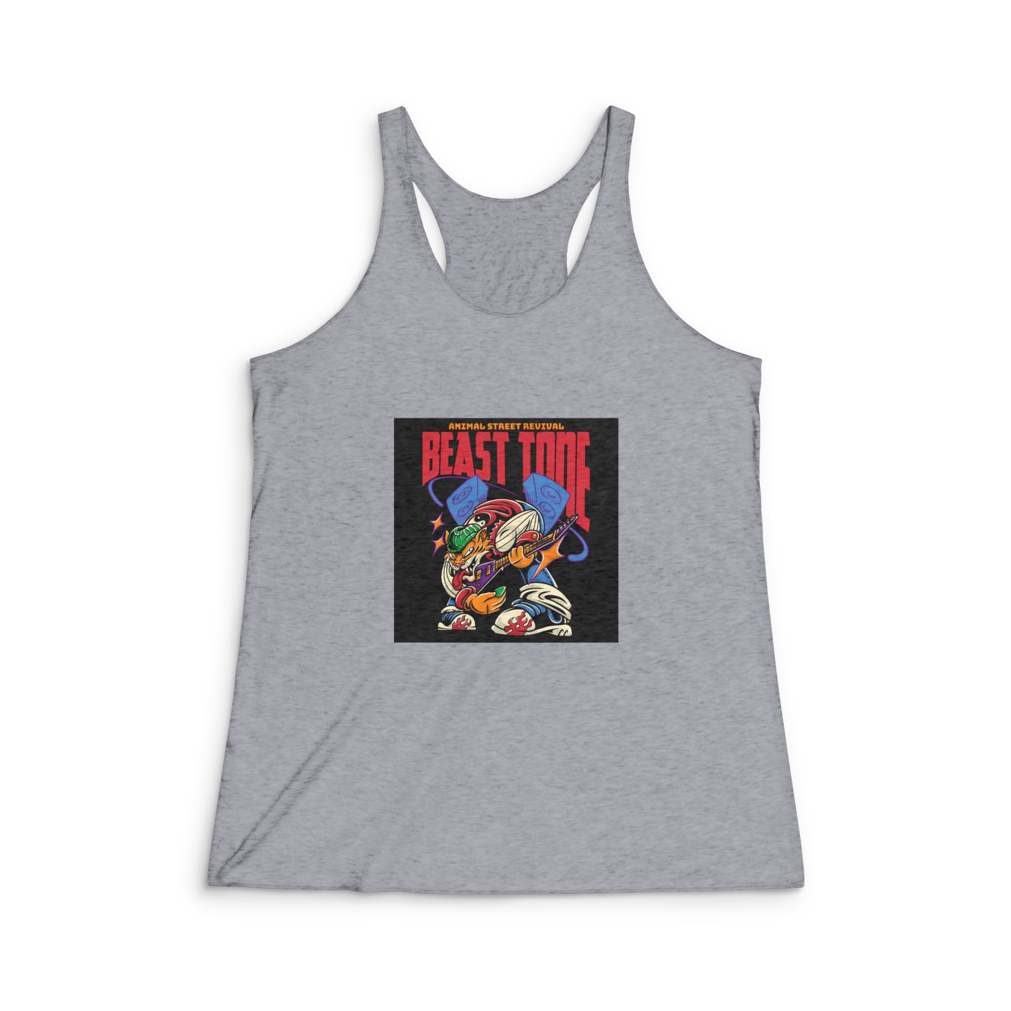Guitarist Tiger Streetwear Cartoon Illustration Womens Tri Blend Racerback Tank - Image 4
