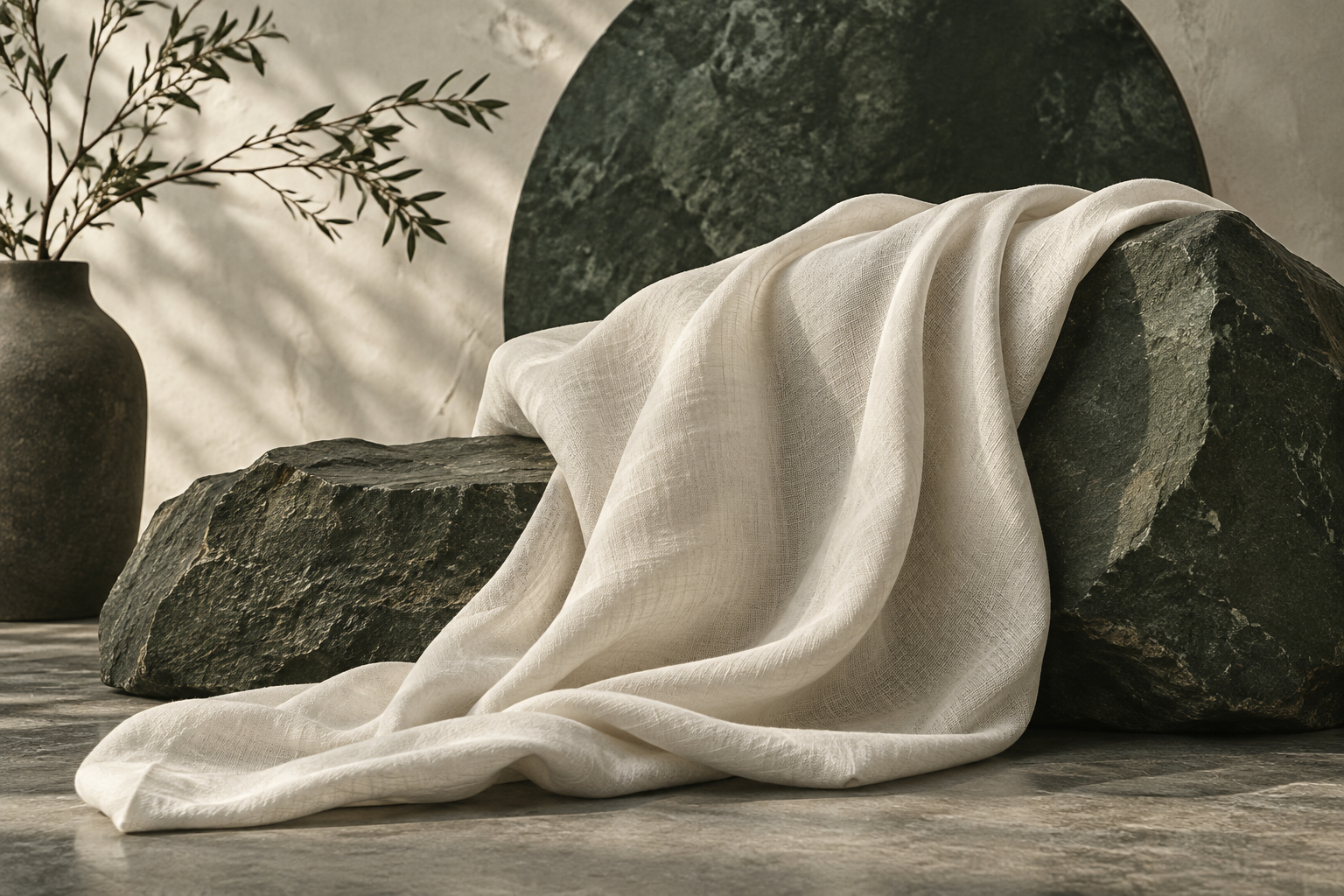 off-white cotton draped over dark olive stone forms, refined fashion editorial still life, no garment or logos